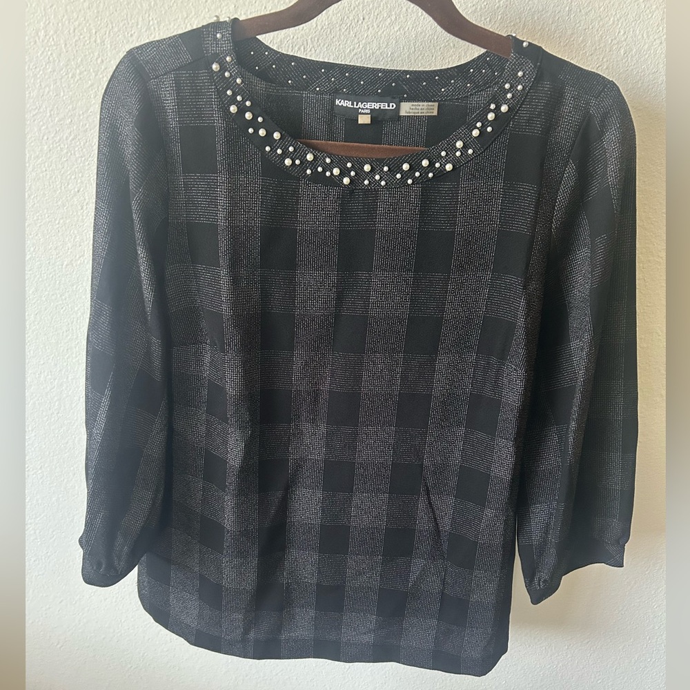 Karl Lagerfeld Paris Checkered Dark Goth Pearl Detailed Neckline Top Shirt